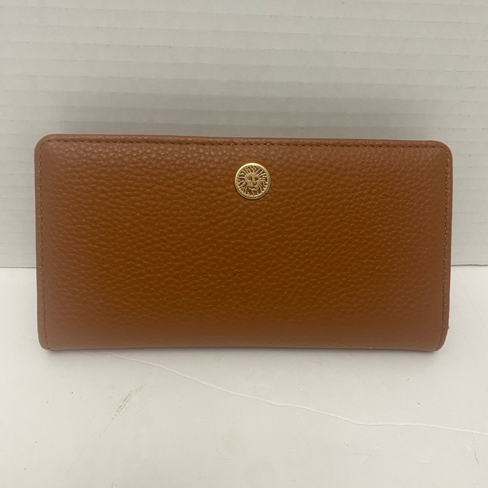 Anne Klein Tan Pebbled Leather Slim Bifold Wallet with Gold Emblem NWOT